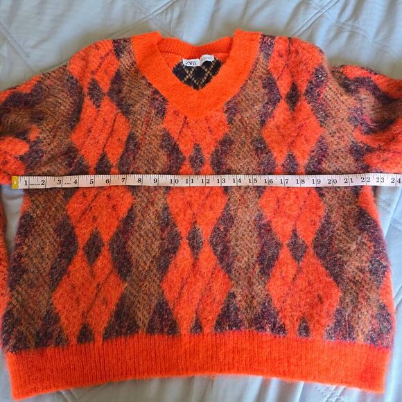 Zara Alpaca Blend Fuzzy Sweater Sz S Orange Plaid Check Soft Cozy Quiet Luxury - Picture 7 of 10